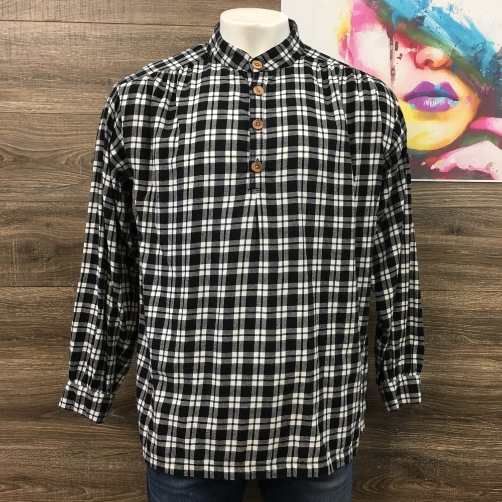 J Peterman Mens Plaid Band Collar Popover Pullover Light Flannel Shirt Medium